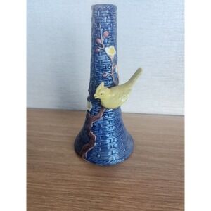 Vintage Art Pottery Majolica Style Vase Blue Basket Weave w 3D Yellow Bird Japan